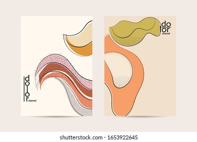 Abstract vector flyer template with hand drawn fruits grunge textured. Flat colored food concept illustration. Healthy eating brochure layout. Line art fruit logo design. Curvy wavy lines.