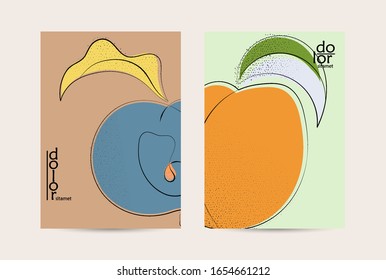 Abstract vector flyer template with hand drawn fruits grunge textured. Flat colored food concept illustration. Healthy eating brochure layout. Line art fruit logo design. Curvy wavy lines.