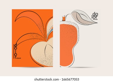 Abstract vector flyer template with hand drawn fruits grunge textured. Flat colored food concept illustration. Healthy eating brochure layout. Line art fruit logo design. Curvy wavy lines.