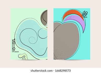 Abstract vector flyer template with hand drawn fruits grunge textured. Flat colored food concept illustration. Healthy eating brochure layout. Line art fruit logo design. Curvy wavy lines.