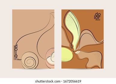 Abstract vector flyer template with hand drawn fruits grunge textured. Flat colored food concept illustration. Healthy eating brochure layout. Line art fruit logo design. Curvy wavy lines.