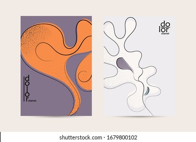 Abstract vector flyer template with hand drawn fruits grunge textured. Flat colored food concept illustration. Healthy eating brochure layout. Line art fruit logo design. Curvy wavy lines.