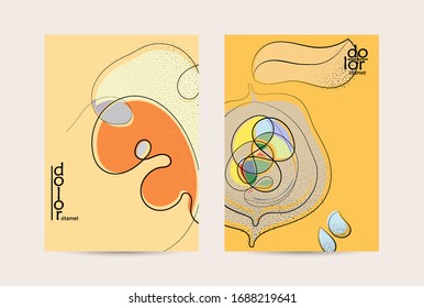 Abstract vector flyer template with hand drawn fruits grunge textured. Flat colored food concept illustration. Healthy eating brochure layout. Line art fruit logo design. Curvy wavy lines.