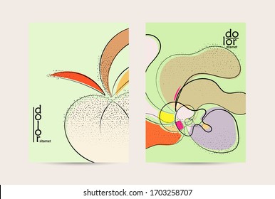 Abstract vector flyer template with hand drawn fruits grunge textured. Flat colored food concept illustration. Healthy eating brochure layout. Line art fruit logo design. Curvy wavy lines.