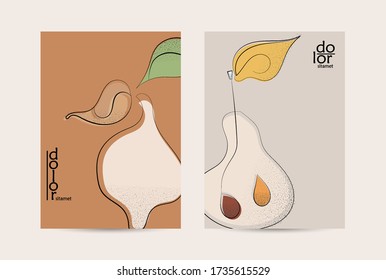 Abstract vector flyer template with hand drawn fruits grunge textured. Flat colored food concept illustration. Healthy eating brochure layout. Line art fruit logo design. Curvy wavy lines.