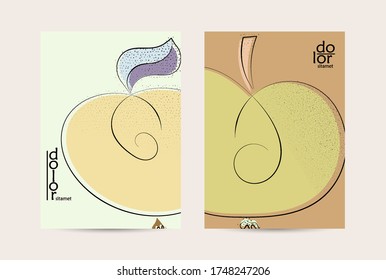 Abstract vector flyer template with hand drawn fruits grunge textured. Flat colored food concept illustration. Healthy eating brochure layout. Line art fruit logo design. Curvy wavy lines.