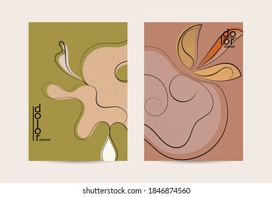 Abstract vector flyer template with hand drawn fruits grunge textured. Flat colored food concept illustration. Healthy eating brochure layout. Line art fruit logo design. Curvy wavy lines.
