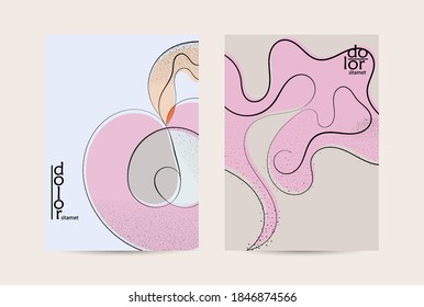 Abstract vector flyer template with hand drawn fruits grunge textured. Flat colored food concept illustration. Healthy eating brochure layout. Line art fruit logo design. Curvy wavy lines.