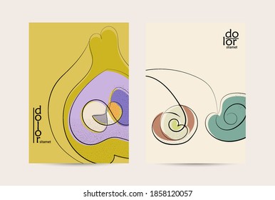 Abstract vector flyer template with hand drawn fruits grunge textured. Flat colored food concept illustration. Healthy eating brochure layout. Line art fruit logo design. Curvy wavy lines.
