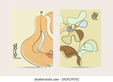 Abstract vector flyer template with hand drawn fruits grunge textured. Flat colored food concept illustration. Healthy eating brochure layout. Line art fruit logo design. Curvy wavy lines.
