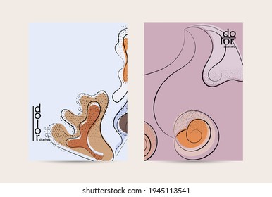 Abstract vector flyer template with hand drawn fruits grunge textured. Flat colored food concept illustration. Healthy eating brochure layout. Line art fruit logo design. Curvy wavy lines.