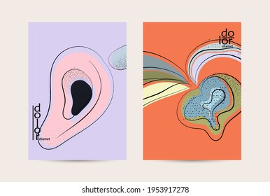 Abstract vector flyer template with hand drawn fruits grunge textured. Flat colored food concept illustration. Healthy eating brochure layout. Line art fruit logo design. Curvy wavy lines.