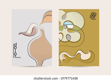 Abstract vector flyer template with hand drawn fruits grunge textured. Flat colored food concept illustration. Healthy eating brochure layout. Line art fruit logo design. Curvy wavy lines.
