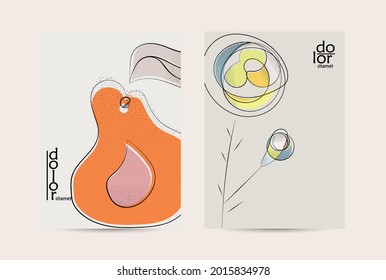 Abstract vector flyer template with hand drawn fruits grunge textured. Flat colored food concept illustration. Healthy eating brochure layout. Line art fruit logo design. Curvy wavy lines.