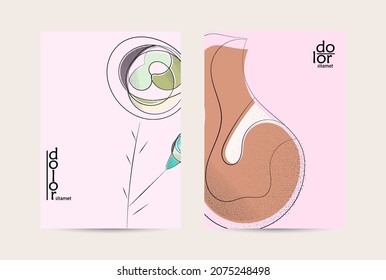 Abstract vector flyer template with hand drawn fruits grunge textured. Flat colored food concept illustration. Healthy eating brochure layout. Line art fruit logo design. Curvy wavy lines.