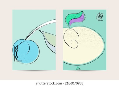 Abstract vector flyer template with hand drawn fruits grunge textured. Flat colored food concept illustration. Healthy eating brochure layout. Line art fruit logo design. Curvy wavy lines.