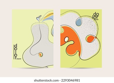 Abstract vector flyer template with hand drawn fruits grunge textured. Flat colored food concept illustration. Healthy eating brochure layout. Line art fruit logo design. Curvy wavy lines.
