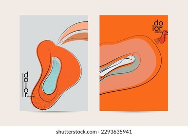 Abstract vector flyer template with hand drawn fruits grunge textured. Flat colored food concept illustration. Healthy eating brochure layout. Line art fruit logo design. Curvy wavy lines.