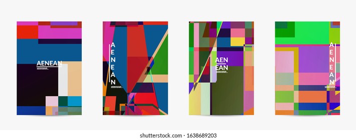 Abstract vector flyer template. Large vibrant colored overlapping squares. Retro TV test glitch effect digital art. Pixel uneven geometric pattern. Big data cyberspace computer filtered texture