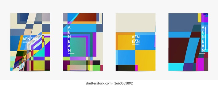 Abstract vector flyer template. Large vibrant colored overlapping squares. Retro TV test glitch effect digital art. Pixel uneven geometric pattern. Big data cyberspace computer filtered texture