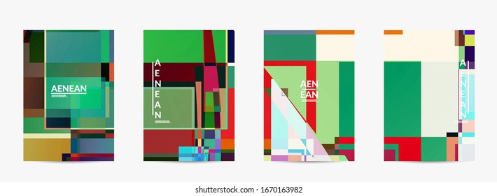 Abstract vector flyer template. Large vibrant colored overlapping squares. Retro TV test glitch effect digital art. Pixel uneven geometric pattern. Big data cyberspace computer filtered texture