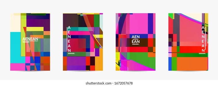 Abstract vector flyer template. Large vibrant colored overlapping squares. Retro TV test glitch effect digital art. Pixel uneven geometric pattern. Big data cyberspace computer filtered texture