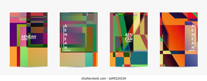 Abstract vector flyer template. Large vibrant colored overlapping squares. Retro TV test glitch effect digital art. Pixel uneven geometric pattern. Big data cyberspace computer filtered texture