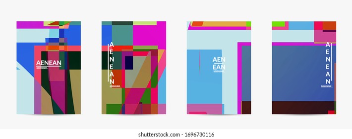 Abstract vector flyer template. Large vibrant colored overlapping squares. Retro TV test glitch effect digital art. Pixel uneven geometric pattern. Big data cyberspace computer filtered texture
