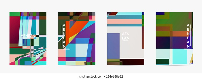 Abstract vector flyer template. Large vibrant colored overlapping squares. Retro TV test glitch effect digital art. Pixel uneven geometric pattern. Big data cyberspace computer filtered texture