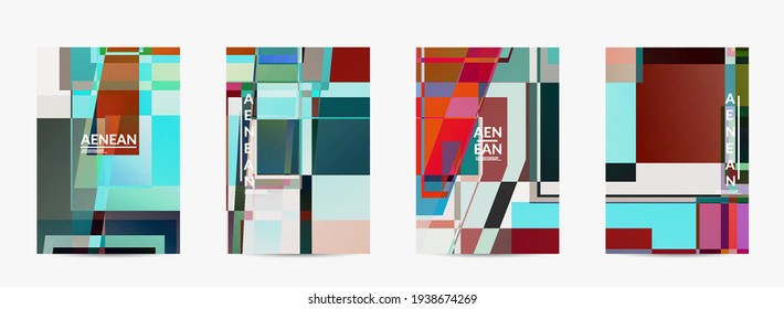 Abstract vector flyer template. Large vibrant colored overlapping squares. Retro TV test glitch effect digital art. Pixel uneven geometric pattern. Big data cyberspace computer filtered texture