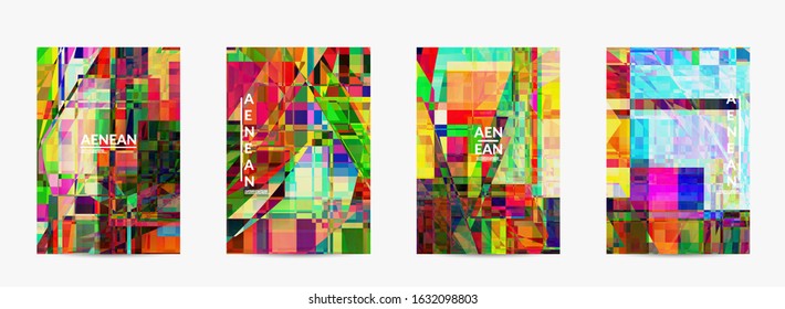 Abstract vector flyer template. Small broken pixel distortion glitch art. Matrix geometric pattern. Vibrant colorful digital texture. Computer marketing sale background.