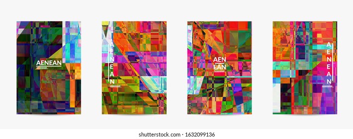 Abstract vector flyer template. Small broken pixel distortion glitch art. Matrix geometric pattern. Vibrant colorful digital texture. Computer marketing sale background.