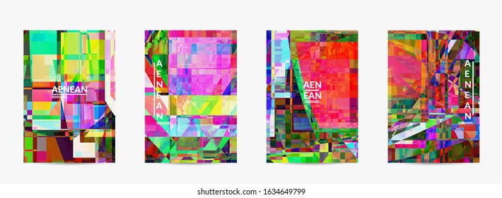 Abstract vector flyer template. Small broken pixel distortion glitch art. Matrix geometric pattern. Vibrant colorful digital texture. Computer marketing sale background.