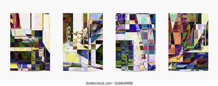 Abstract vector flyer template. Small broken pixel distortion glitch art. Matrix geometric pattern. Vibrant colorful digital texture. Computer marketing sale background.