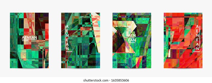 Abstract vector flyer template. Small broken pixel distortion glitch art. Matrix geometric pattern. Vibrant colorful digital texture. Computer marketing sale background.