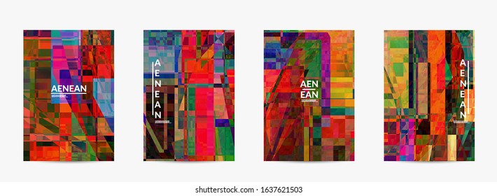 Abstract vector flyer template. Small broken pixel distortion glitch art. Matrix geometric pattern. Vibrant colorful digital texture. Computer marketing sale background.