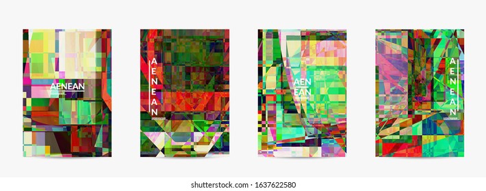 Abstract vector flyer template. Small broken pixel distortion glitch art. Matrix geometric pattern. Vibrant colorful digital texture. Computer marketing sale background.