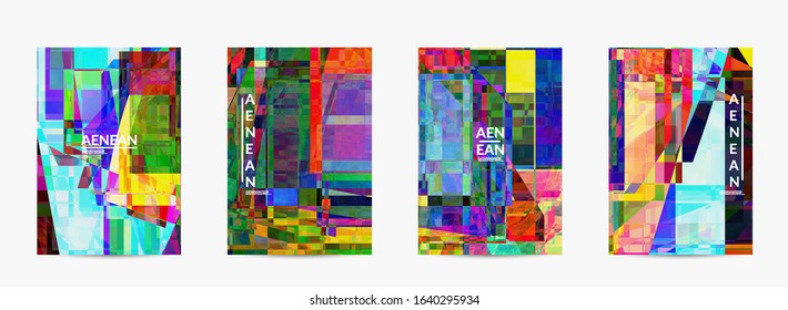 Abstract vector flyer template. Small broken pixel distortion glitch art. Matrix geometric pattern. Vibrant colorful digital texture. Computer marketing sale background.