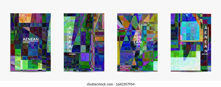Abstract vector flyer template. Small broken pixel distortion glitch art. Matrix geometric pattern. Vibrant colorful digital texture. Computer marketing sale background.