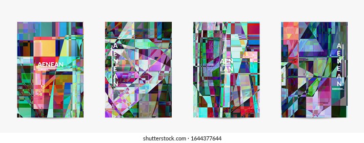 Abstract vector flyer template. Small broken pixel distortion glitch art. Matrix geometric pattern. Vibrant colorful digital texture. Computer marketing sale background.