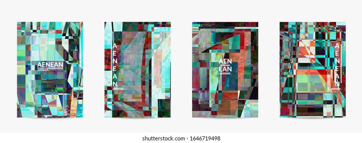 Abstract vector flyer template. Small broken pixel distortion glitch art. Matrix geometric pattern. Vibrant colorful digital texture. Computer marketing sale background.