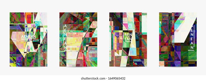 Abstract vector flyer template. Small broken pixel distortion glitch art. Matrix geometric pattern. Vibrant colorful digital texture. Computer marketing sale background.