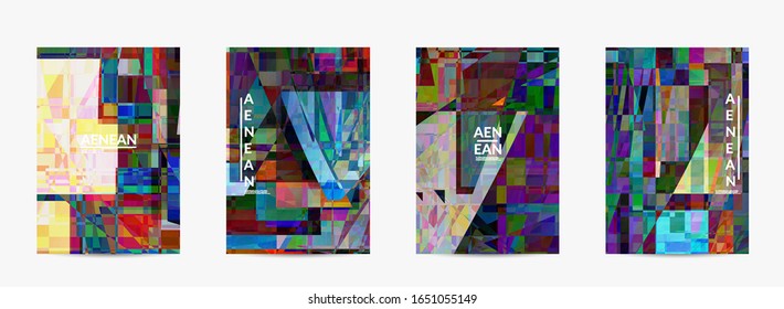 Abstract vector flyer template. Small broken pixel distortion glitch art. Matrix geometric pattern. Vibrant colorful digital texture. Computer marketing sale background.