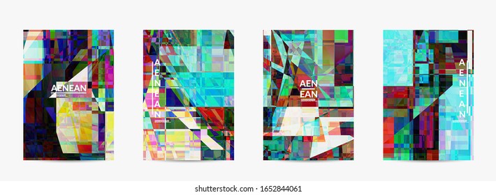 Abstract vector flyer template. Small broken pixel distortion glitch art. Matrix geometric pattern. Vibrant colorful digital texture. Computer marketing sale background.