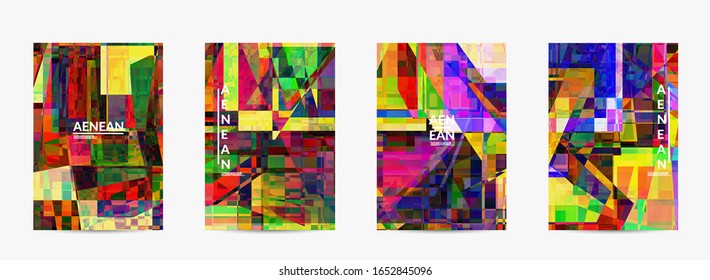 Abstract vector flyer template. Small broken pixel distortion glitch art. Matrix geometric pattern. Vibrant colorful digital texture. Computer marketing sale background.