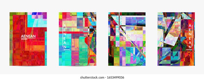 Abstract vector flyer template. Small broken pixel distortion glitch art. Matrix geometric pattern. Vibrant colorful digital texture. Computer marketing sale background.