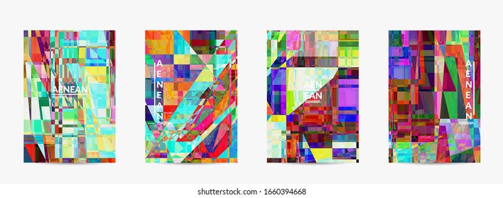 Abstract vector flyer template. Small broken pixel distortion glitch art. Matrix geometric pattern. Vibrant colorful digital texture. Computer marketing sale background.