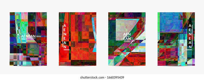 Abstract vector flyer template. Small broken pixel distortion glitch art. Matrix geometric pattern. Vibrant colorful digital texture. Computer marketing sale background.