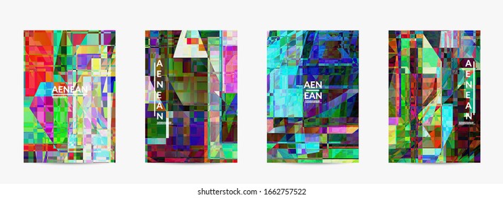 Abstract vector flyer template. Small broken pixel distortion glitch art. Matrix geometric pattern. Vibrant colorful digital texture. Computer marketing sale background.