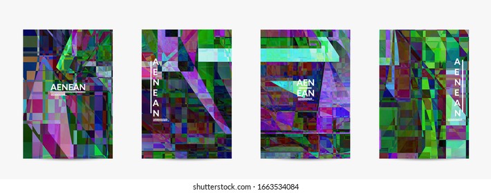 Abstract vector flyer template. Small broken pixel distortion glitch art. Matrix geometric pattern. Vibrant colorful digital texture. Computer marketing sale background.